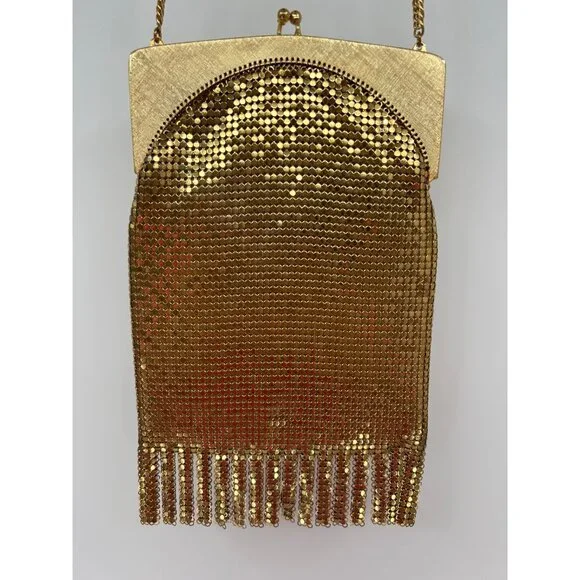 Vintage Whiting & Davis Gold Mesh Evening Purse Hinged Frame Clutch With Fringe - Picture 2 of 11